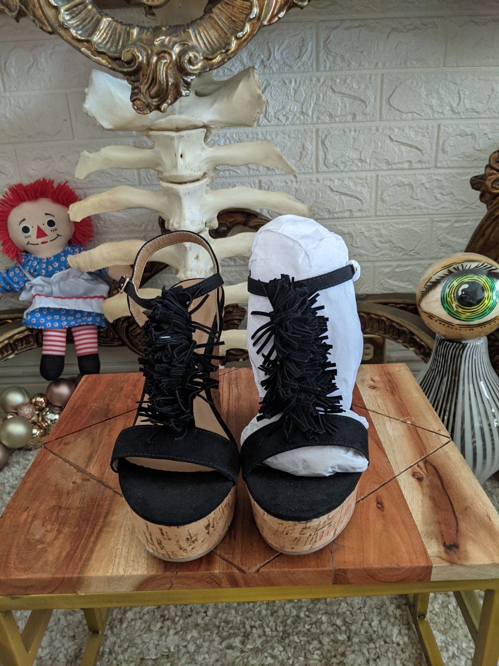 Le Chateau Black Fringe Cork Wedge Sandals